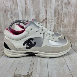 Chanel CC Logo Low Top Sneakers White Silver Grey Pink Leather Suede Size 40